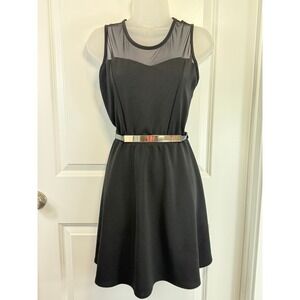 rue21 Womens Black Mesh LBD Fit Flare Dress Gold Plate Belt Sleeveless Large